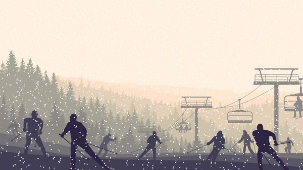 اسکی بازان وکتور افقی در تپه های جنگل های مخروطی در غروب برف