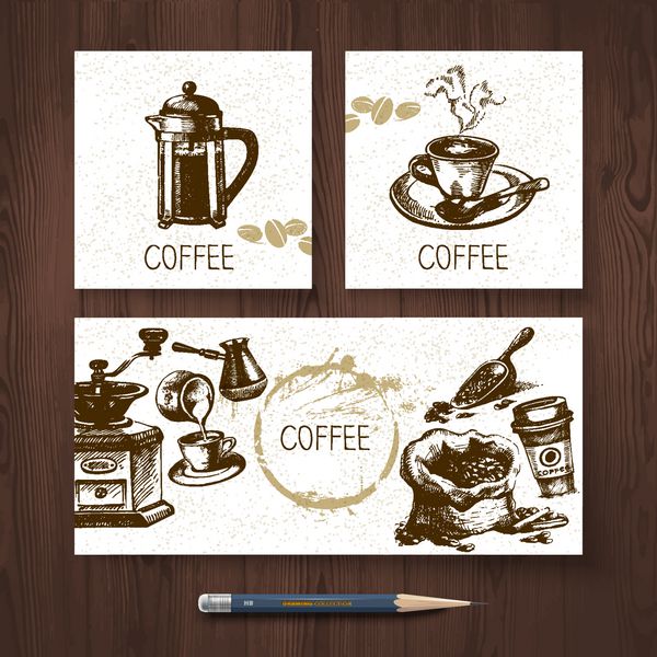 مجموعه هویت وکتور بنر قهوه الگوهای طراحی منو با تصاویر طراحی شده با دست