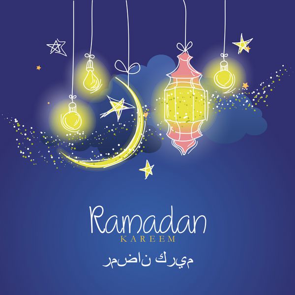 طرح خلاقانه کارت تبریک جشن ماه مبارک رمضان کریم با ماه و فانوس آویزان و ستاره در زمینه آبی