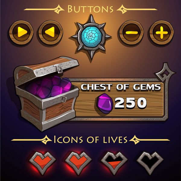 طراحی رابط بازی دکمه ها و نمادهای منبع برای بازی ها وکتور قسمت 1
