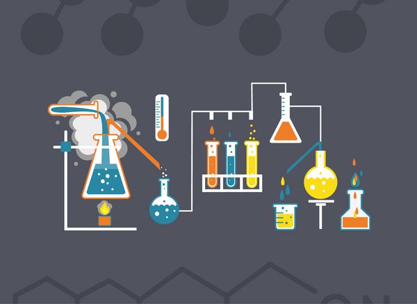 الگوی اینفوگرافیک شیمی که آزمایش‌های مختلفی را در ظروف شیشه‌ای آزمایشگاهی با استفاده از محلول‌ها و واکنش‌های شیمیایی رنگارنگ روی پس‌زمینه خاکستری مفهومی علم و صنعت نشان می‌دهد