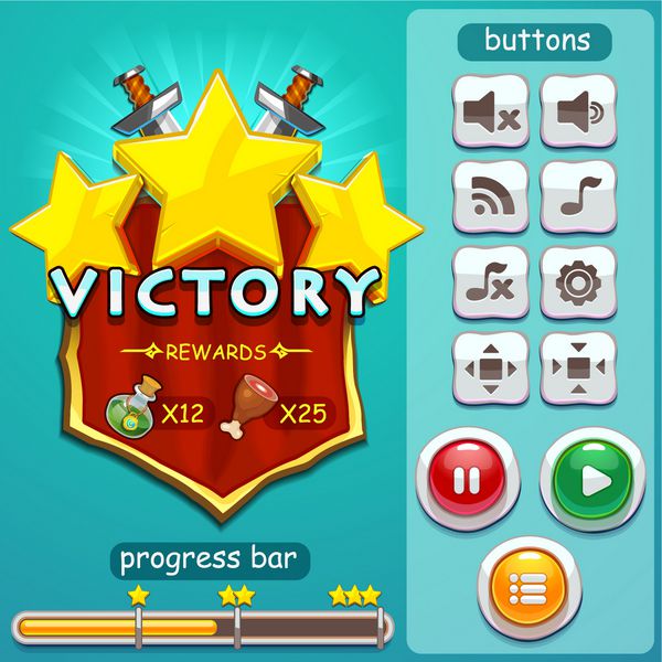 طراحی رابط بازی نوار پیشرفت مجموعه دکمه ها و نماد منبع برای بازی وکتور