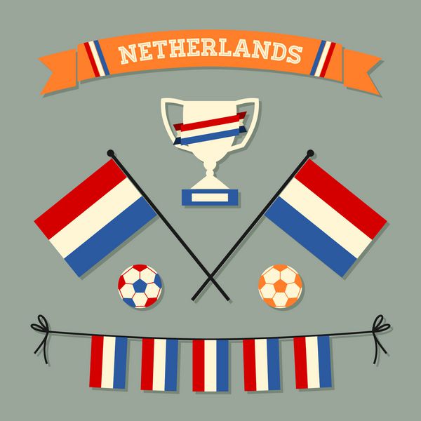 مجموعه ای از نمادها و نمادهای فوتبال هلند با طراحی مسطح در رنگ های قرمز سفید آبی و نارنجی