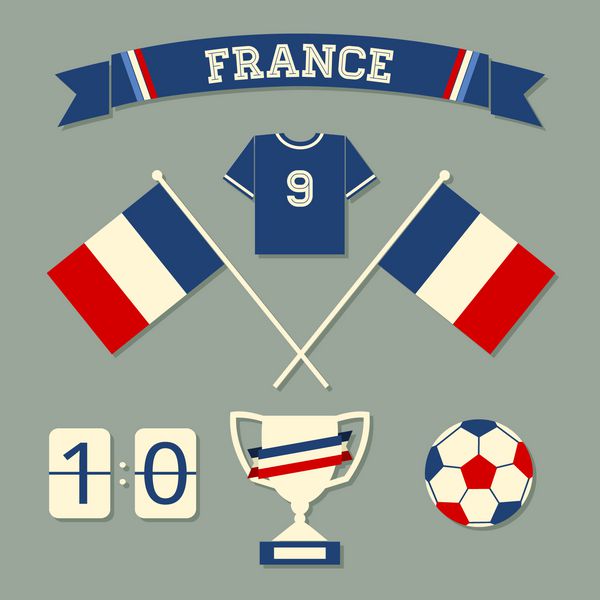 مجموعه ای از نمادها و نمادهای فوتبال فرانسه با طرح تخت در رنگ های آبی سفید و قرمز