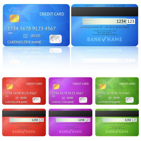 مجموعه ای از کارت اعتباری واقع گرایانه دو طرف جدا شده در پس زمینه سفید وکتور برای طراحی کسب و کار شما کارت های براق دقیق
