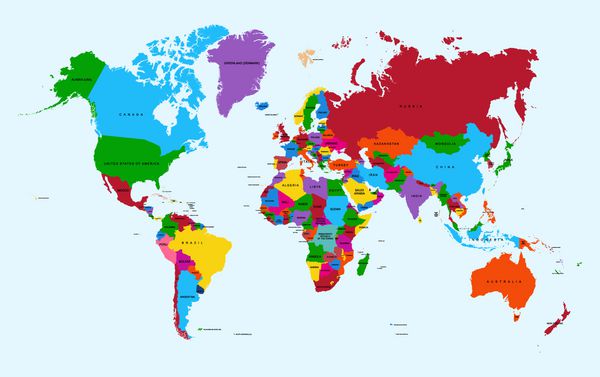نقشه جهان رنگارنگ کشورها با متن اطلس فایل وکتور به صورت لایه لایه برای ویرایش آسان سازماندهی شده است