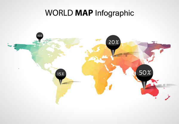 نقشه جهان انتزاعی با برچسب ها نقاط و مقصد