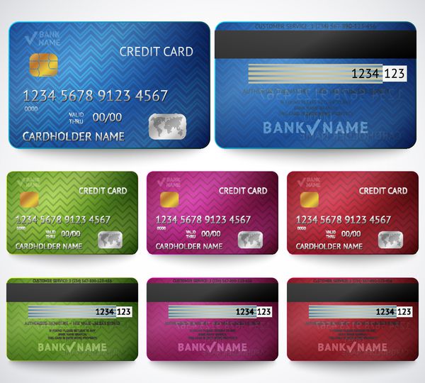 مجموعه ای از کارت اعتباری واقع گرایانه دو طرف جدا شده در پس زمینه سفید وکتور برای طراحی کسب و کار شما کارت های براق دقیق با بافت الگوی زیگزاگ پارچه آبی قرمز سبز و بنفش