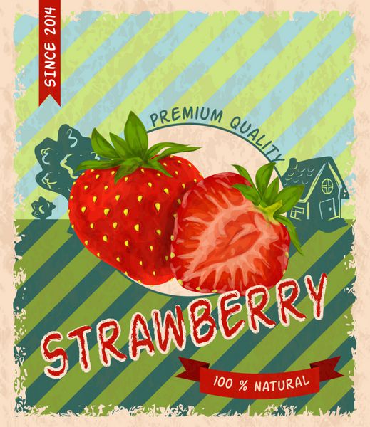 وکتور پوستر رترو با کیفیت برتر توت فرنگی شیرین ارگانیک طبیعی