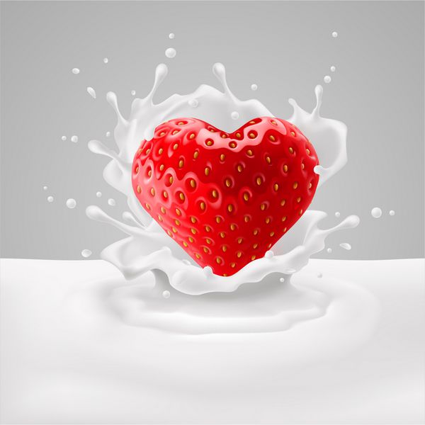قلب توت فرنگی اشتها آور در پاشش شیر عشق به غذا