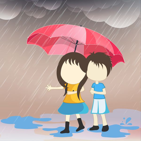 زوج کوچک ناز زیر چتر صورتی در روز بارانی شدید پس‌زمینه رمانتیک فصل بارانی موسمی
