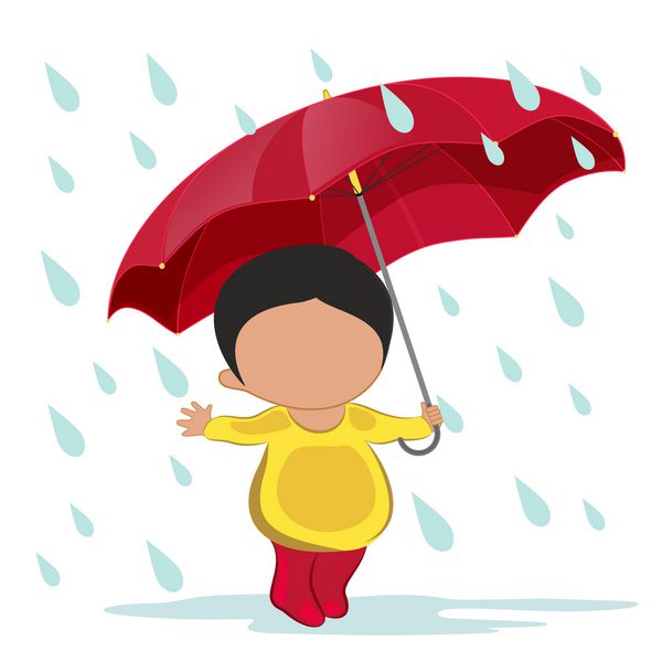 پسر بچه بانمکی که چتر در دست دارد و از باران لذت می برد