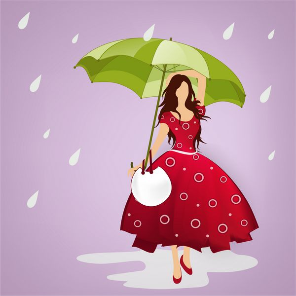دختر جوان شیک که یک مفهوم چتر برای پس‌زمینه فصل باران‌های موسمی در دست دارد