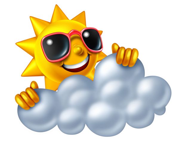 شخصیت خورشید و ابر به عنوان نمادی از آب و هوای آفتابی که در آسمان ابری به نظر می رسد و تابستان مفرح را مانند دمای گرم جدا شده در پس زمینه سفید نشان می دهد