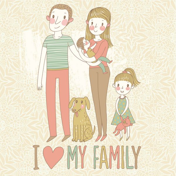 من خانواده ام را دوست دارم وکتور کارتونی با مادر پدر پسر دختر و سگ والدین و فرزندان خوشحال با حیوان خانگی