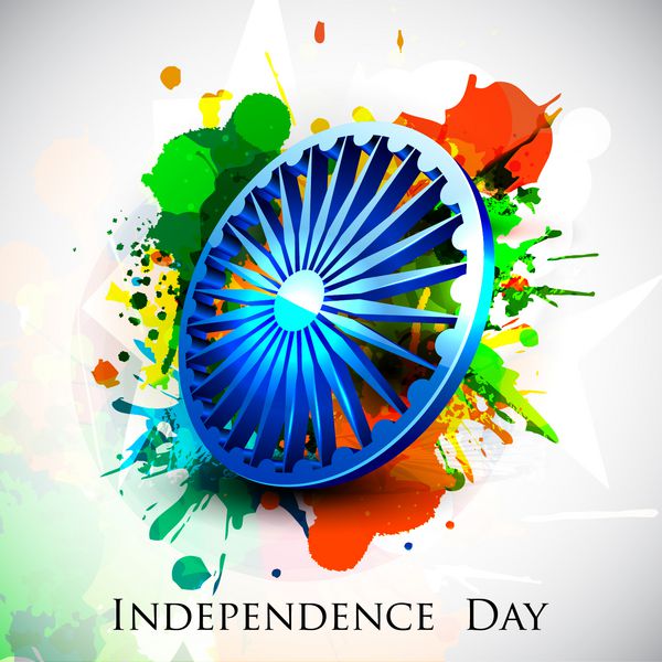 چرخ آشوکا سه بعدی روی پس‌زمینه رنگارنگ و رنگارنگ برای روز استقلال هند