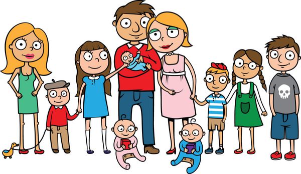 تصویر وکتور کارتونی یک خانواده بزرگ با چند فرزند خانواده بزرگ با ده بچه