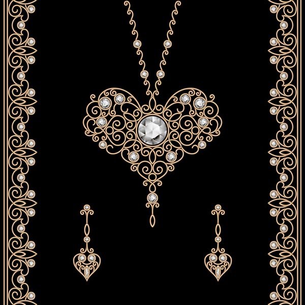 ست جواهرات قدیمی طلا - آویز با گوشواره به شکل قلب و حاشیه های زینتی تزئین شده با الماس وکتور جواهرات روی مشکی