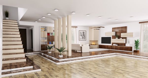 نمای داخلی اتاق نشیمن آپارتمان مدرن پانوراما رندر سه بعدی