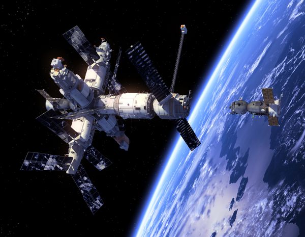 فضاپیما و ایستگاه فضایی صحنه سه بعدی عناصر این تصویر توسط ناسا ارائه شده است