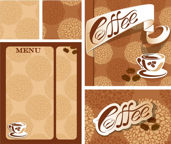 طرح های قالب منو و کارت ویزیت قهوه خانه با فنجان قهوه حبوبات متن خوشنویسی قهوه