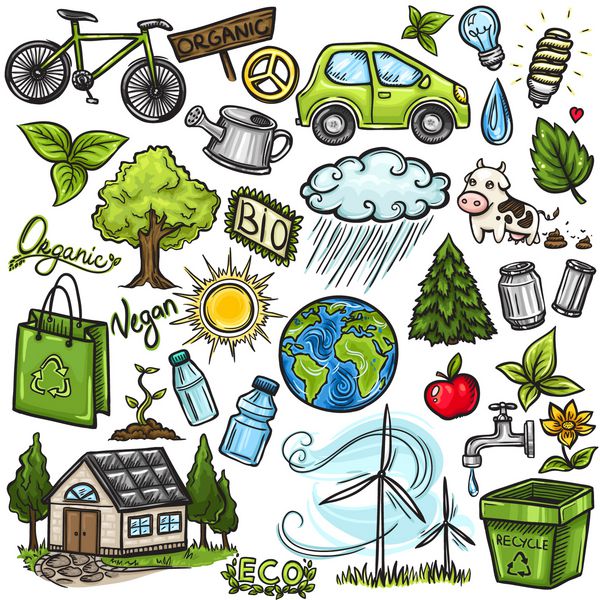 مجموعه نمادهای سازگار با محیط زیست Doodles