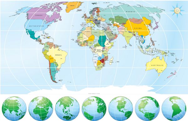 نقشه جهان با گلوب - وکتور قابل ویرایش دقیق شامل همه نام کشورها و پایتخت ها - خطوط مرزی ملی - اشیاء ترسیم شده مجزا به سادگی رنگ - بیشتر در گالری من