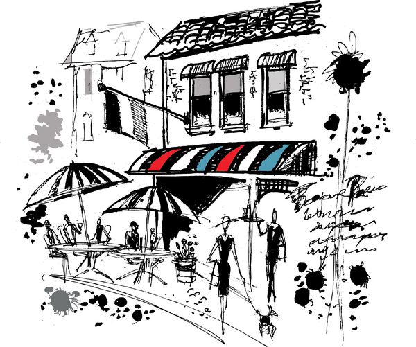 وکتور از کافه فرانسوی با چترهای آفتاب و مردم در حال غذا خوردن