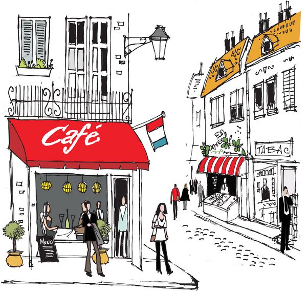 وکتور صحنه خیابان دهکده فرانسوی با کافه و مردم