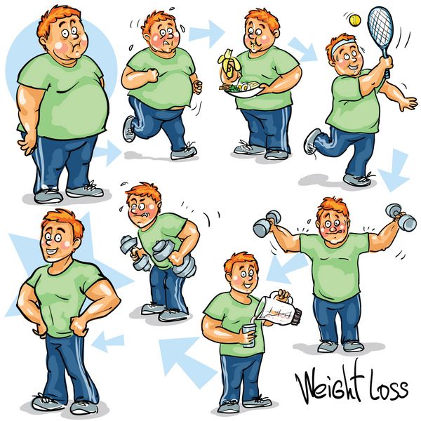 مرد قبل و بعد از برنامه و تمرین کاهش وزن شخصیت های کارتونی خنده دار با دست کشیده شده طرح جدا شده
