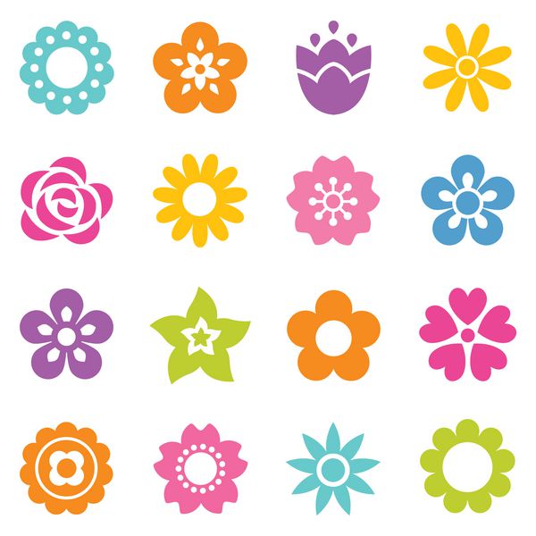 مجموعه ای از نمادهای گل آیکون تخت در شبح طراحی رترو زیبا در رنگ های روشن برای برچسب ها برچسب ها برچسب ها کاغذ بسته بندی هدیه