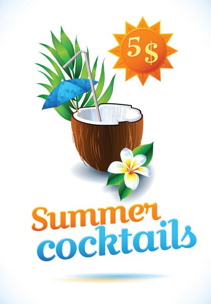 طراحی پوستر رنگارنگ استوایی سفر کوکتل نارگیل با پس زمینه تابستانی چتر