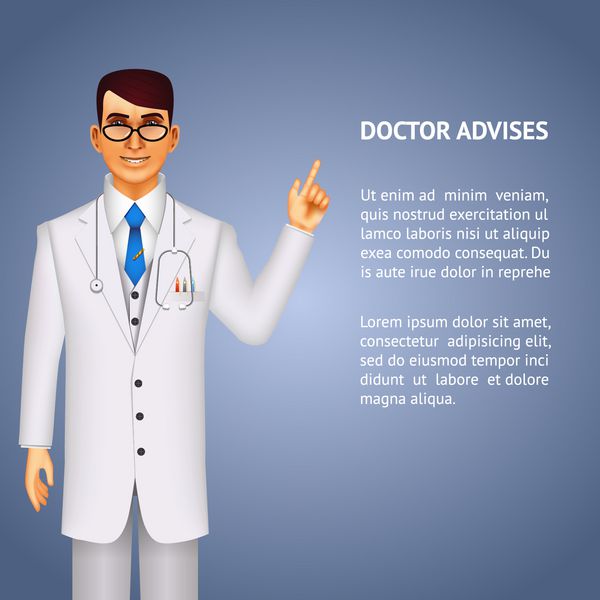 دکتر با لباس سفید آزمایشگاهی و گوشی پزشکی ایستاده در حال مشاوره یا اعلام هشدار پزشکی با اشاره به ارائه متنی در کنار او وکتور