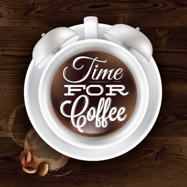 ساعت زنگ دار فنجانی قهوه پوستری در رنگ چوب تیره با حروف فنجانی Time for coffee نشان داده شده است بردار