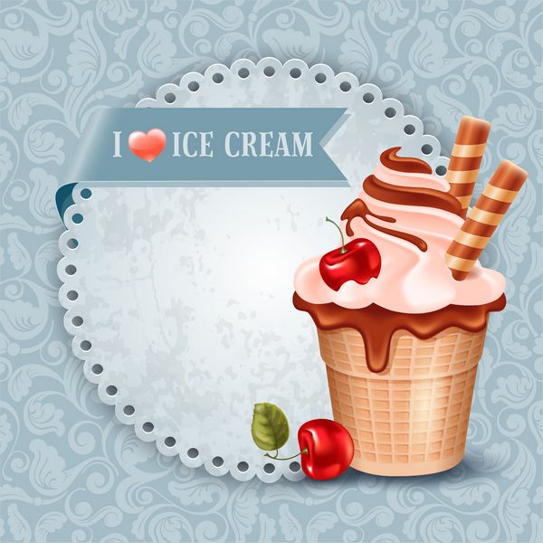 بستنی خوش طعم در فنجان وافل با شکلات و گیلاس در زمینه تزئین شده وکتور