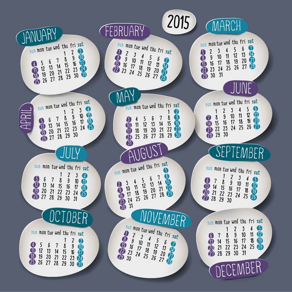 طراحی تقویم 2015 انگلیسی شروع یکشنبه وکتور