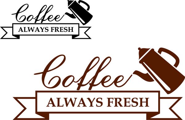 نماد یا لوگوی Always Fresh Coffee با یک قهوه جوش که کلمات را می ریزد - قهوه - روی بنر روبانی با متن - Always Fresh - دو نوع قهوه ای و مشکی