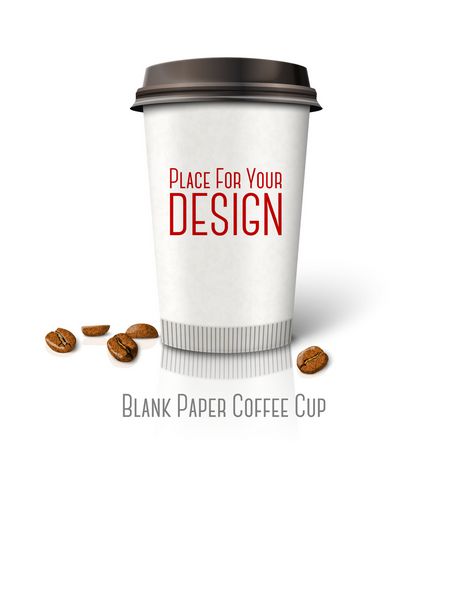 وکتور خالی و واقعی فنجان قهوه کاغذی قهوه مناسب با دانه های قهوه جدا شده در پس زمینه سفید با انعکاس با مکانی برای طراحی و برند شما