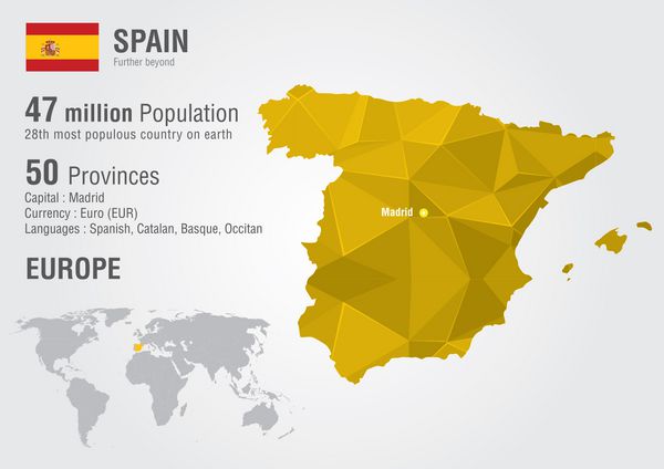 نقشه جهان اسپانیا با بافت الماس پیکسلی جغرافیای جهانی
