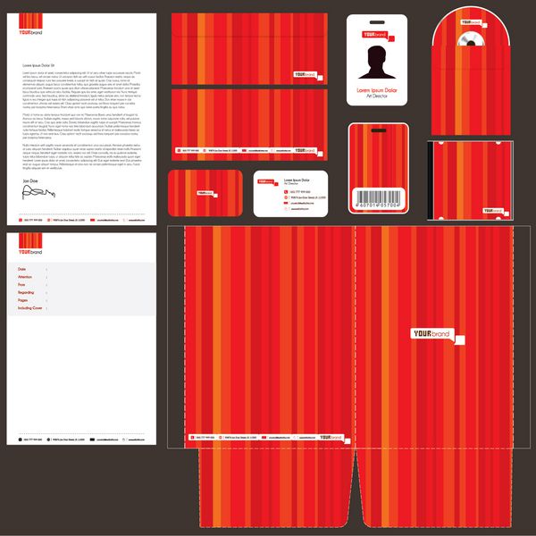 هویت شرکتی قرمز قابل ویرایش 1- کارت ویزیت 2- سربرگ 3- برگه فکس 4- پاکت نامه 5- جلد سی دی 6- کارت خدمه 7- پوشه ارائه