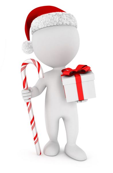 بابا نوئل سه بعدی سفیدپوستان با یک هدیه و یک آب نبات پس زمینه سفید جدا شده تصویر سه بعدی