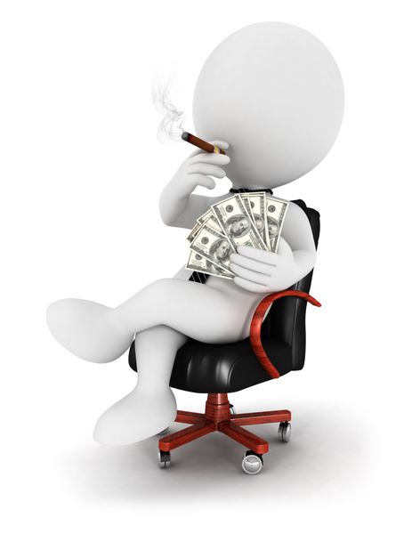 رئیس سه بعدی سفیدپوستان نشسته روی صندلی چرمی با سیگار و دلار پس‌زمینه سفید جدا شده تصویر سه‌بعدی
