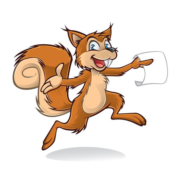 سنجاب کارتونی در حالی که کاغذ خالی در دست دارد تشویق می کند و می پرد