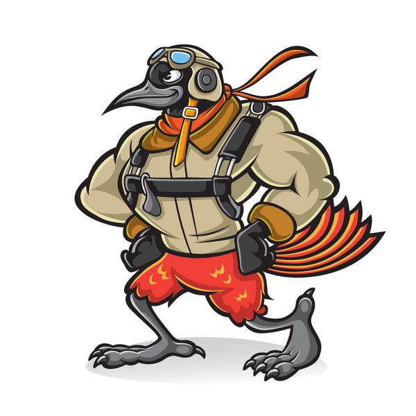 کارتون اوریول پرنده خلبانی که با اعتماد به نفس دست روی باسنش گذاشته بود و یونیفرم و عینک آفتابی می پوشید