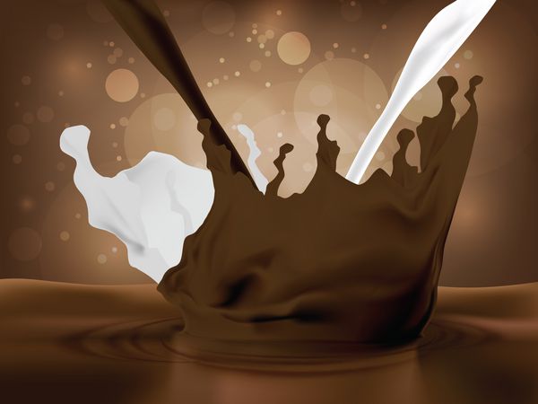 ریختن کاکائو شکلات و شیر در پس زمینه قهوه بپاشید و با هم مخلوط کنید وکتور