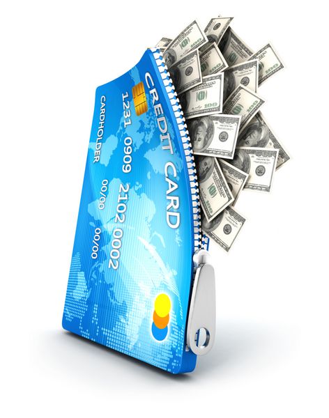 کارت اعتباری باز سه بعدی با اسکناس های دلاری پس زمینه سفید جدا شده تصویر سه بعدی