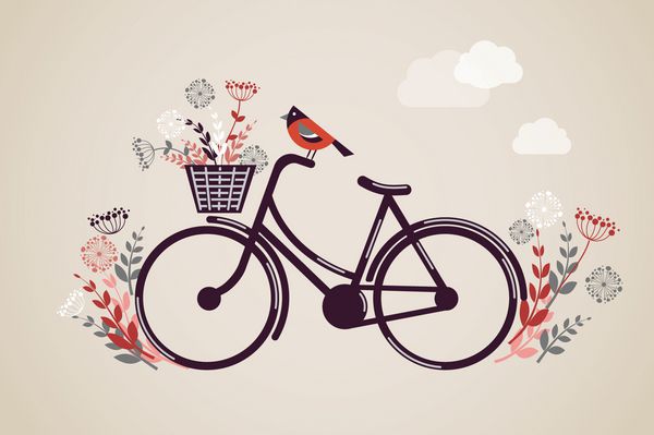 پس زمینه دوچرخه رترو قدیمی با گل و پرنده
