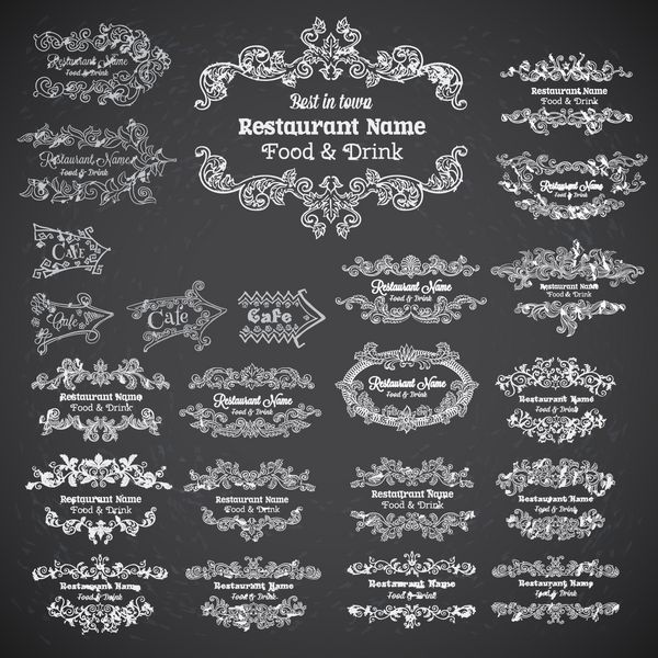 مجموعه ای از برچسب ها برای منوی رستوران روی تخته سیاه وکتور حکاکی باروک وینتیج طرح فیلیگر طومار گل