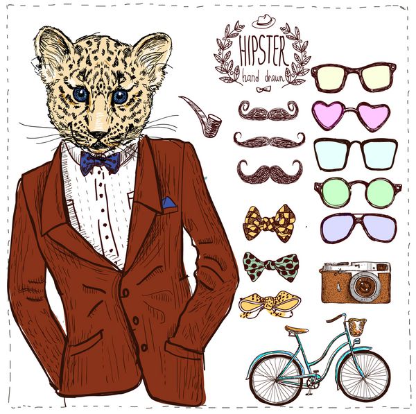 حیوان هیپستر در کت و شلوار طراحی شده با دست وکتور کلی به سبک قدیمی طراحی خود را با عینک های مختلف سبیل کمان دوچرخه دوچرخه ایزوله ایجاد کنید