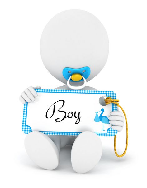 نوزاد پسر سفیدپوست سه بعدی که یک برچسب نام در دست دارد پس زمینه سفید جدا شده تصویر سه بعدی